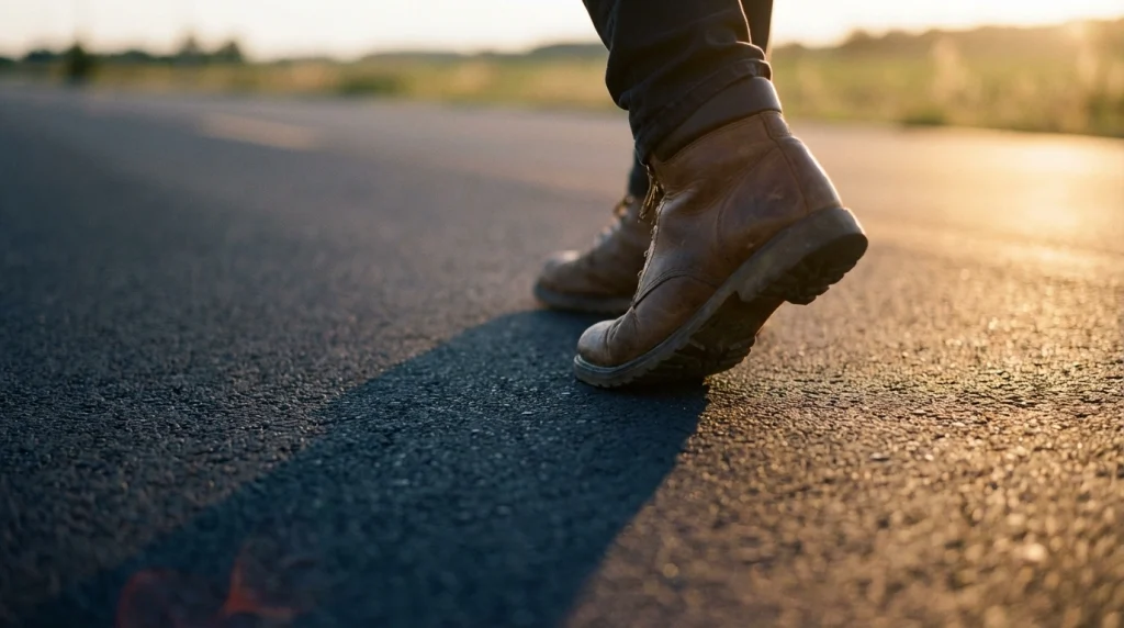Rüyada hedeflerine emin adımlarla ilerlediğini ve hayat yolunun düzlendiğini simgeleyen, pürüzsüz asfalt üzerinde yürüyen bir insanın güvenli adımları.