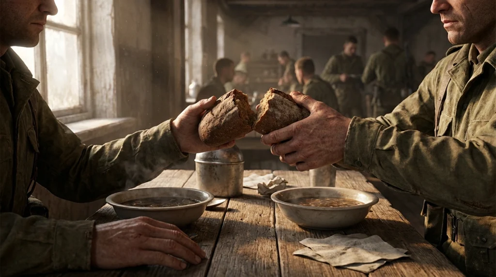 Rüyada asker arkadaşıyla aynı sofrada oturmanın getirdiği bereket ve kardeşlik bağını simgeleyen sahne.