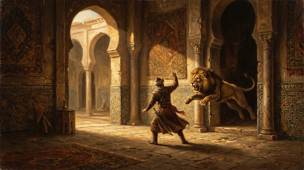 Antik bir saray avlusunda şaha kalkmış bir aslan ve ona karşı dik duran bir figürün klasik yağlı boya tarzı tasviri.