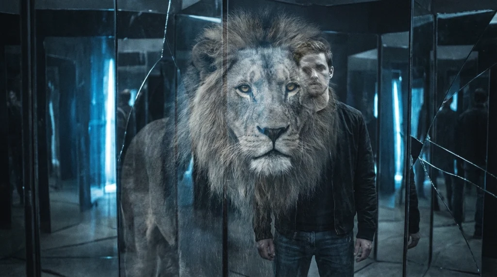 Bir adamın, bir ayna labirentinde kendi yansıması yerine heybetli bir aslanın gözlerinin içine korkusuzca baktığı anın dramatik yakın çekimi.