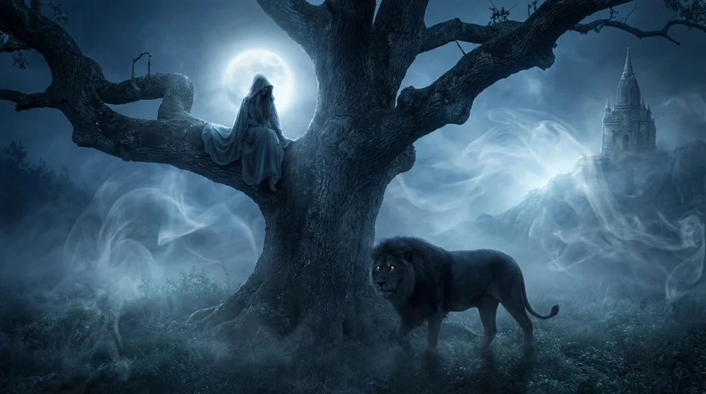 Rüyada aslandan kaçarken ağaca tırmanan kişi; zor durumlarda alınan desteği ve üst makamlara sığınmayı simgeler.