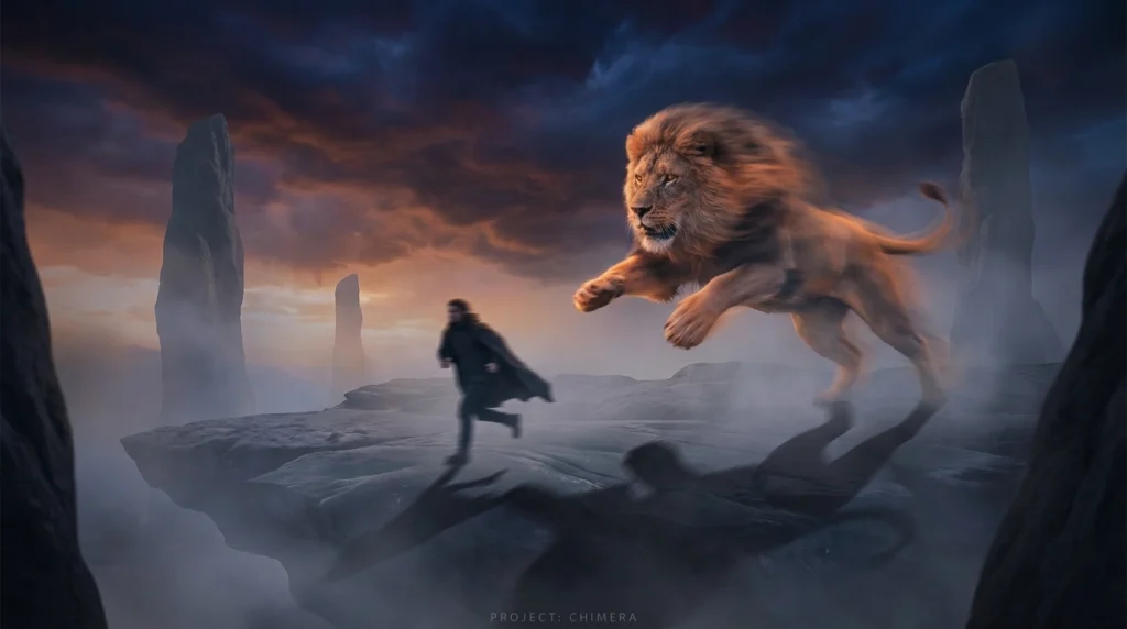 Rüyada aslan tarafından kovalanan bir kişinin silüeti; bilinçaltındaki korkuları ve kaçışı temsil eden dramatik sahne.