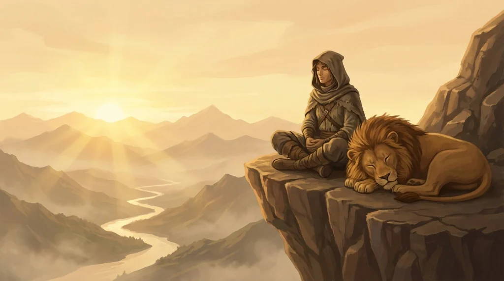 Rüyada aslana karşı galip gelmeyi simgeleyen, güneşin doğuşuyla birlikte huzura eren rüya sahibi görseli.