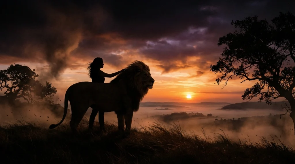 Bir insanın, rüzgarlı bir tepe üstünde devasa bir aslanın başını okşadığı ve ikisinin de batan güneşe doğru baktığı anın epik ve huzurlu görüntüsü.