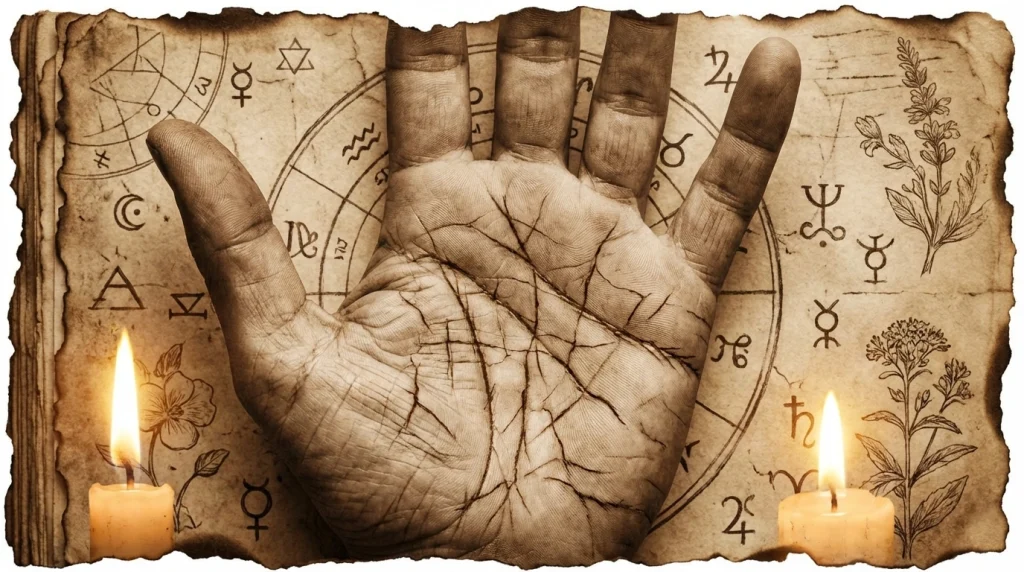 Eski bir parşömen üzerinde el çizgilerinin ve rüya sembollerinin yer aldığı nostaljik bir rüya tabiri görseli.