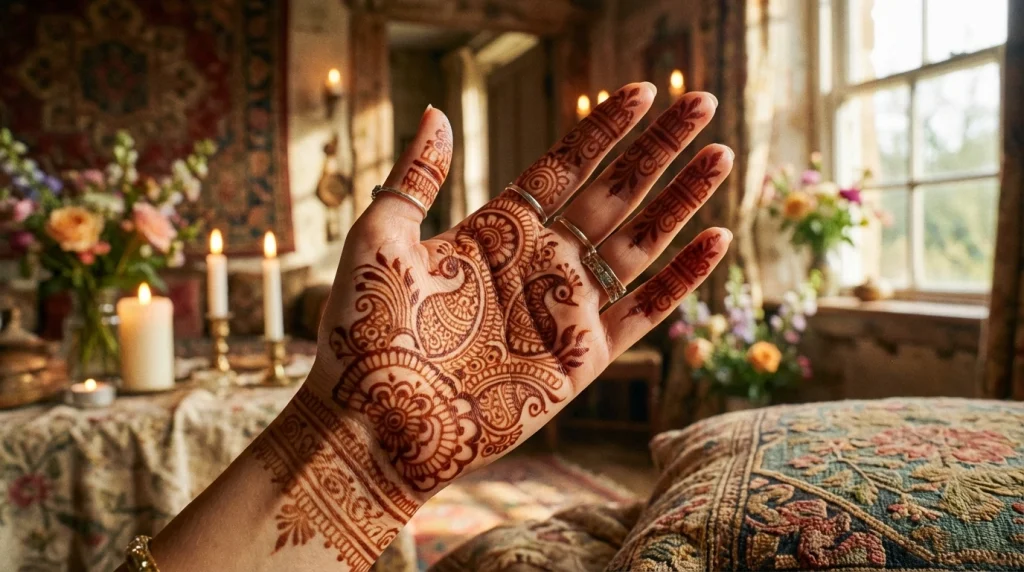 Geleneksel motiflerle süslenmiş, avuç içinde kına olan bir elin zarif ve huzurlu görüntüsü.