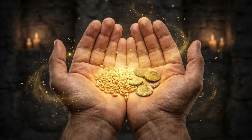 Avuç içinde tutulan parlayan altın taneleri veya buğday başakları ile rızık bolluğu temsili.