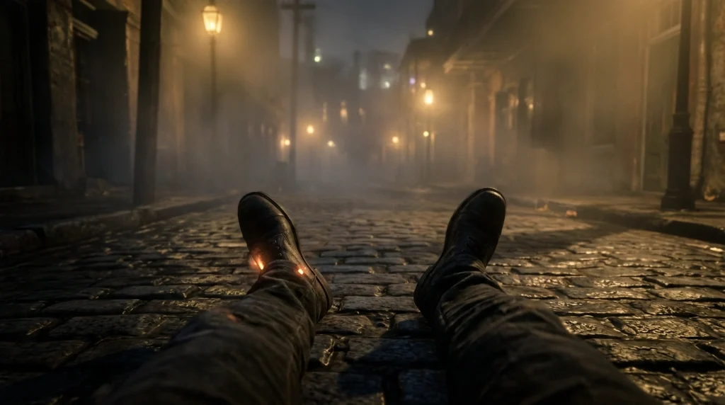 Rüyada ayağından vurulma anını simgeleyen, hareketin kısıtlanmasını ve ani şoku temsil eden sanatsal rüya görseli.