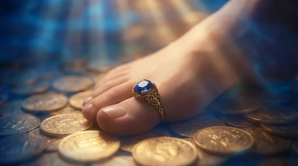 Rüya aleminde, bir ayağın baş parmağında zarif, antika bir yüzük takılı. Arka planda ise rızkın artışını simgeleyen hafifçe parlayan altın sikkeler bulanık şekilde görülüyor.