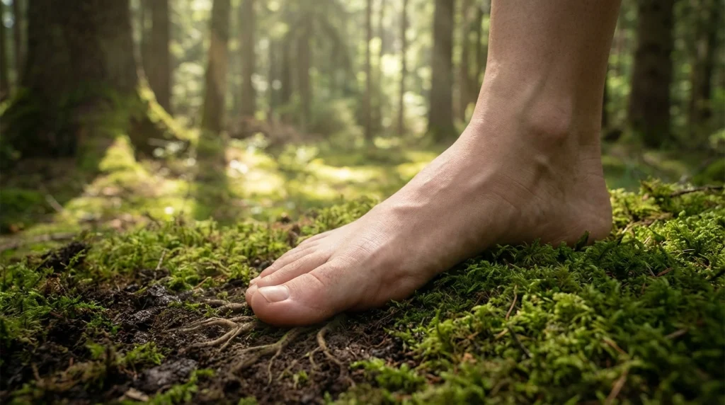 Yemyeşil, yumuşak bir yosun tabakasına huzurla basan temiz bir ayak. Baş parmak, toprağa kök salmış gibi güçlü ve dengeli görünüyor.