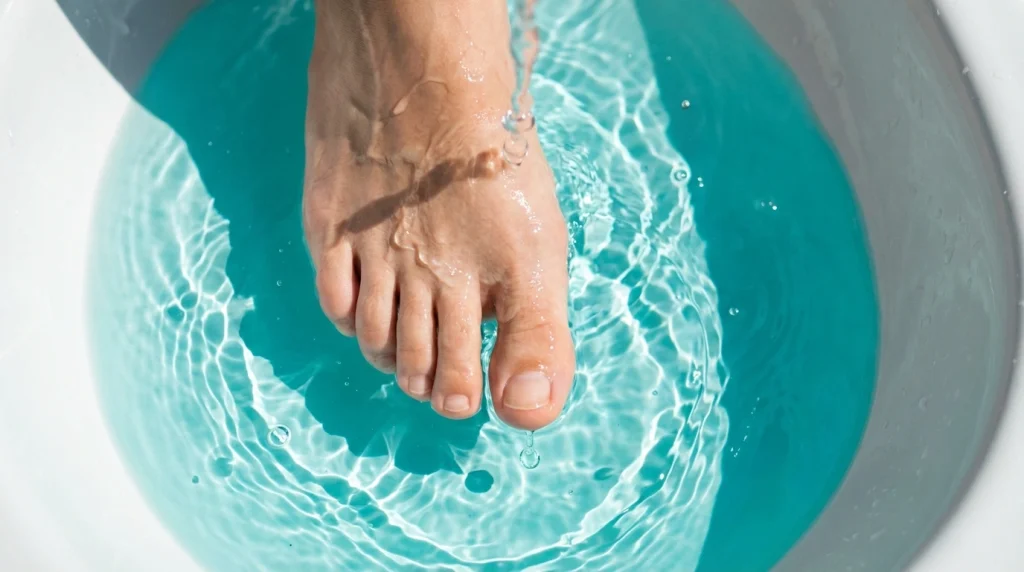 Berrak, turkuaz bir suyun içinde yıkanan bir ayak. Su damlacıkları baş parmağın üzerinden süzülürken, görsel ferahlık, arınma ve huzur hissi veriyor.