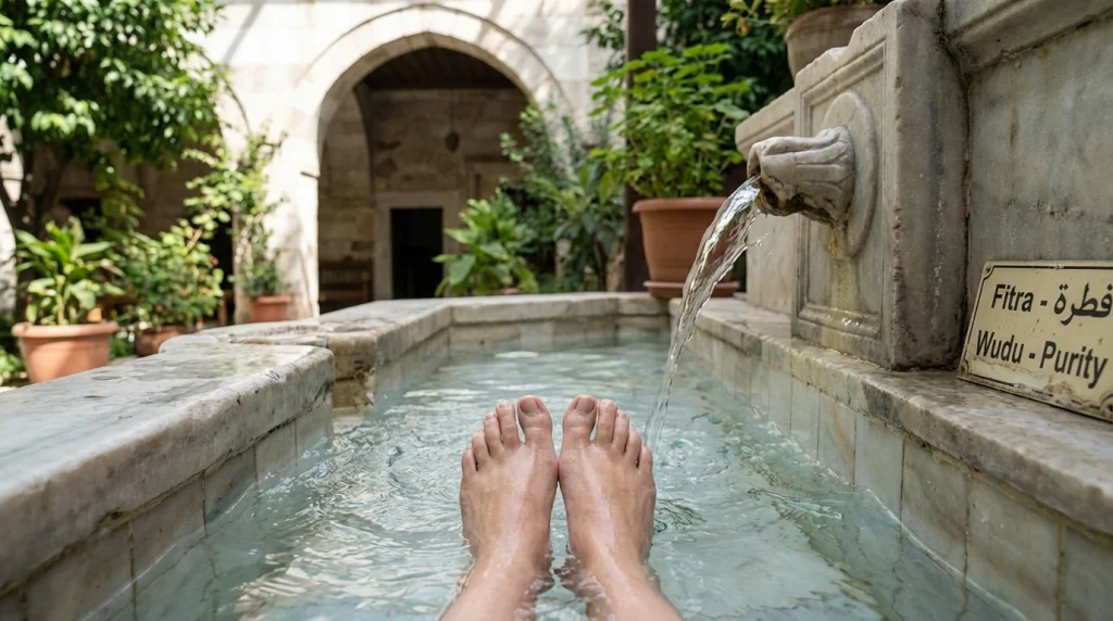 İslami tabirlerde tırnak temizliğinin önemini vurgulayan, suyun arındırıcı gücüyle birleşen manevi temalı görsel.