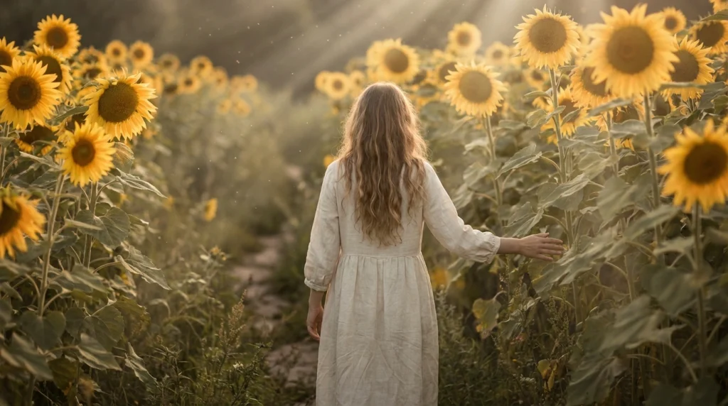 Beyaz elbiseli bir kadının ayçiçeği tarlasında ellerini çiçeklere sürerek yürüdüğü spiritüel rüya sahnesi.