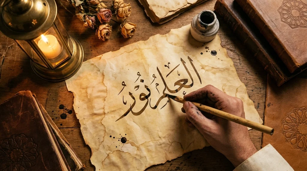 Gece vaktinde bulutların arasından süzülen altın renkli hat sanatı ve gökyüzünde parlayan ayet sembolü.