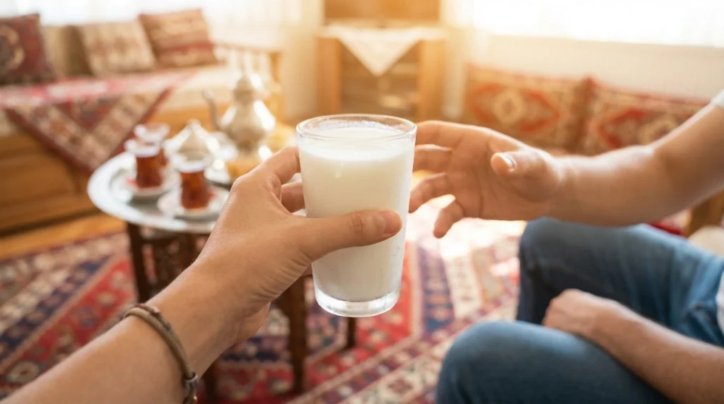 Elinde ayran bardağı tutan bir elin, samimiyet ve cömertlikle birine ikramda bulunma anı.