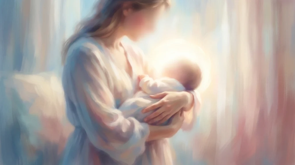 Bir annenin bebeğini emzirirken duyduğu o eşsiz huzuru ve aralarından yayılan beyaz ışığı temsil eden görsel.