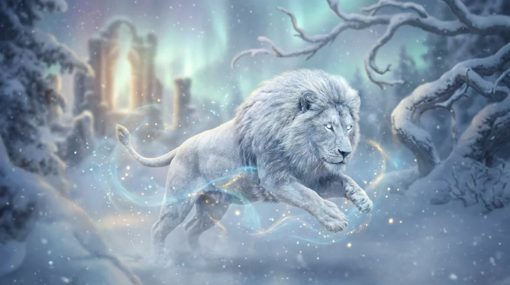 Rüyada görülen nadir beyaz aslanın ruhani ve mistik saldırı anını betimleyen büyüleyici görsel.
