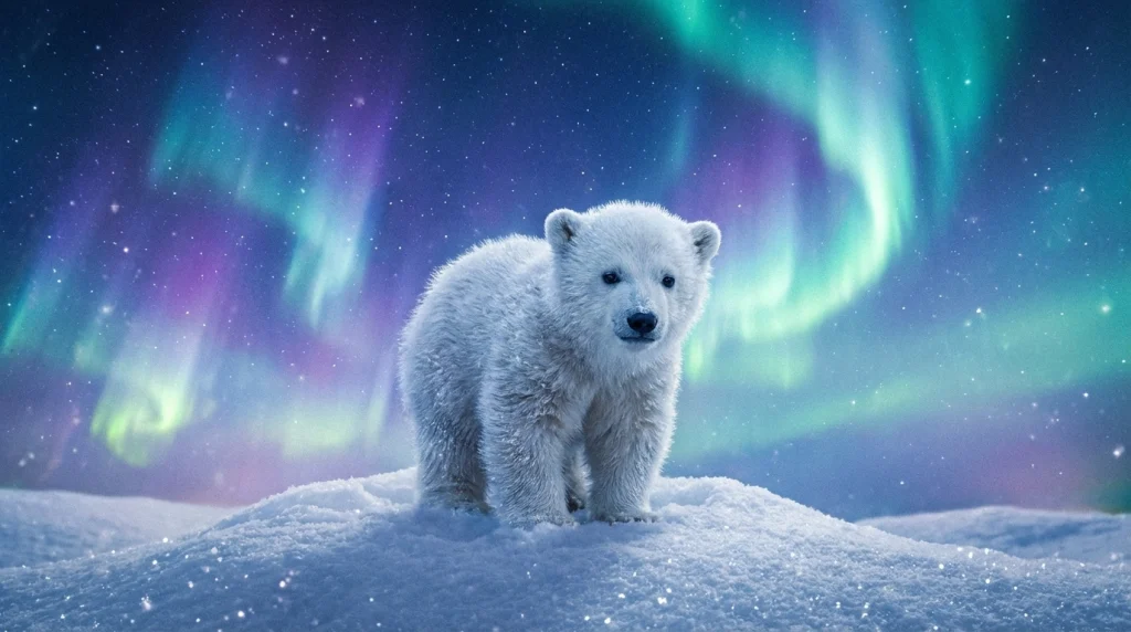 Kar kütleleri üzerinde tek başına duran, masumiyet simgesi beyaz bir kutup ayısı yavrusu.