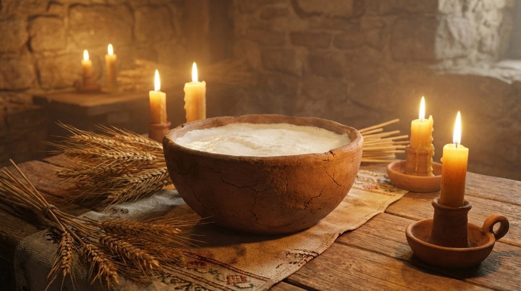 Otantik bir ortamda, içi taze sütle dolu toprak bir kasenin etrafına yayılan bereket sembolleri.