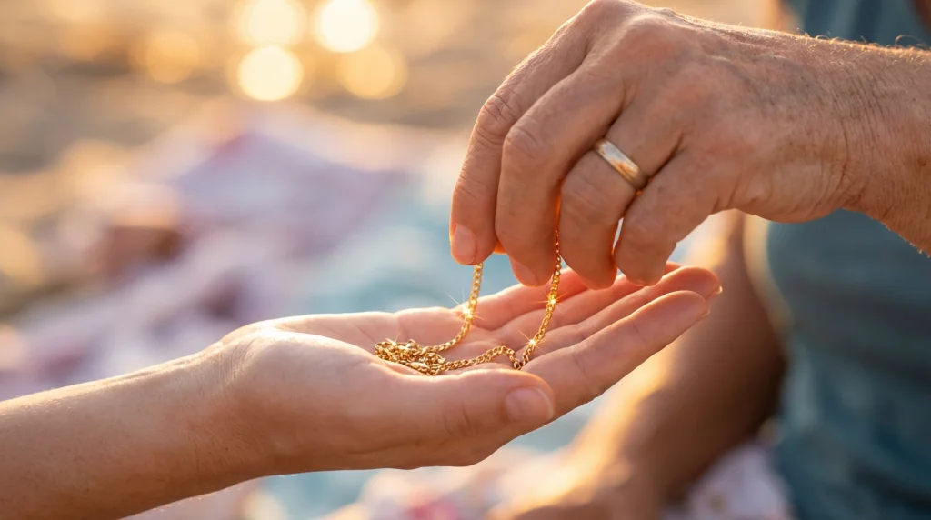 Bir elin diğerine altın zincir uzatması; güven, sadakat ve hediyeleşme temalı duygusal görsel.