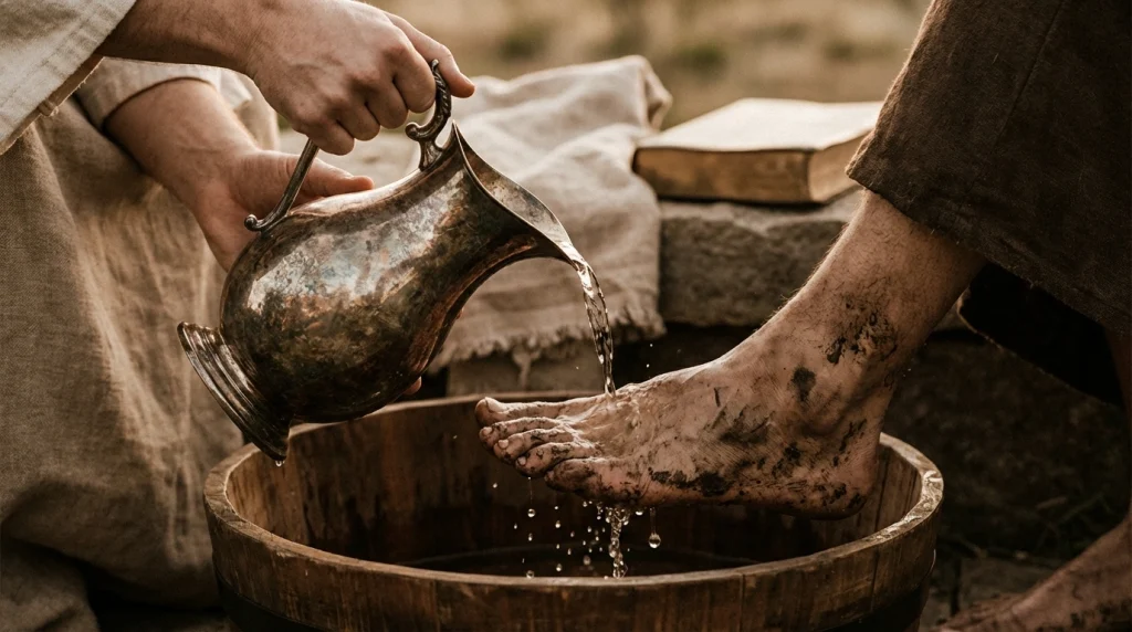 Çamurlu ayakların temiz su ve sabunla arındırılmasını gösteren dramatik ve umut verici bir kare.