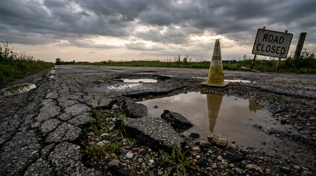 Rüyada hayat planlarınızda yaşanabilecek aksaklıkları ve engelleri simgeleyen, çatlaklarla dolu, çökmüş ve çukurlu bozuk asfalt bir yol.