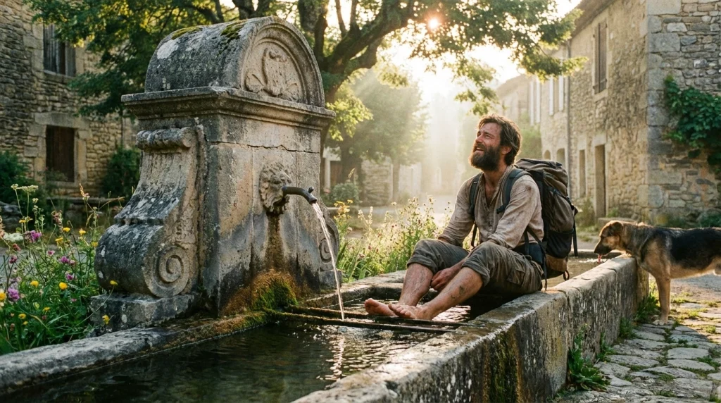 Köy çeşmesinde ayaklarını yıkayan birinin rızık ve bereketi simgeleyen görüntüsü.