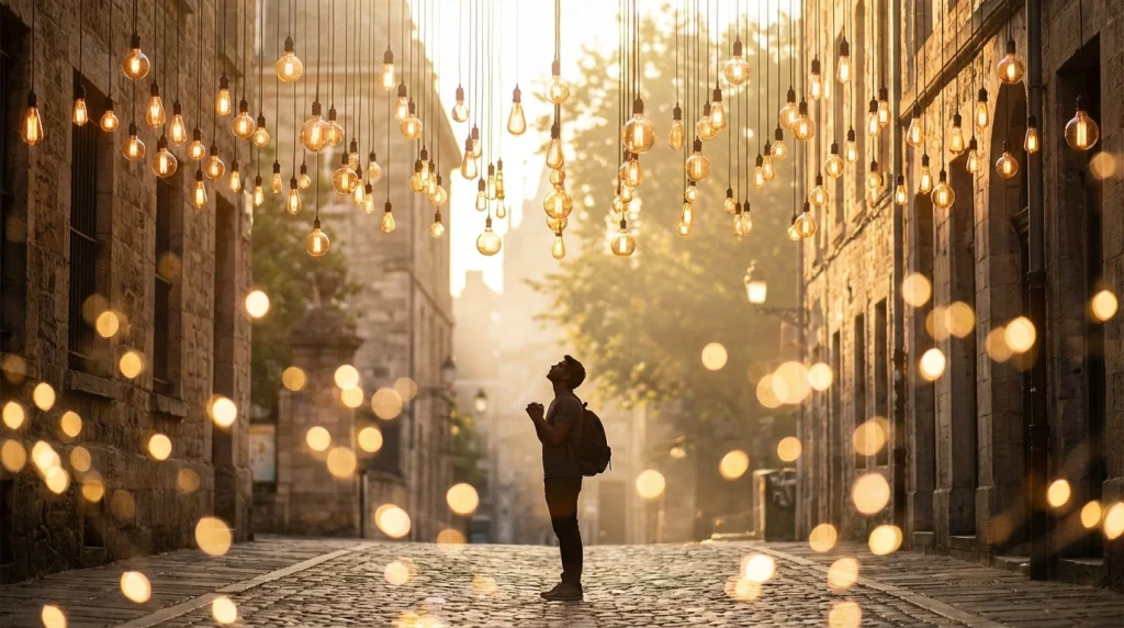 Gecenin karanlığında bir gökyüzü gibi uzanan yüzlerce küçük, parlak ampulden oluşan büyülü bir tavan veya sokak.
