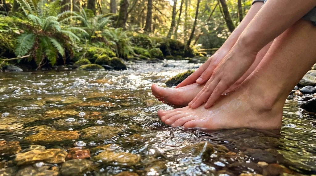 Doğal bir akarsuyun içinde, berrak suyla ayaklarını yıkayan rüya sahibi.