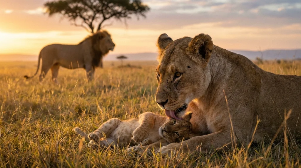 Güneşli bir savanda, bir dişi aslanın yavrusunu şefkatle yaladığı ve o sırada bir erkek aslanın uzaktan onları izlediği an.