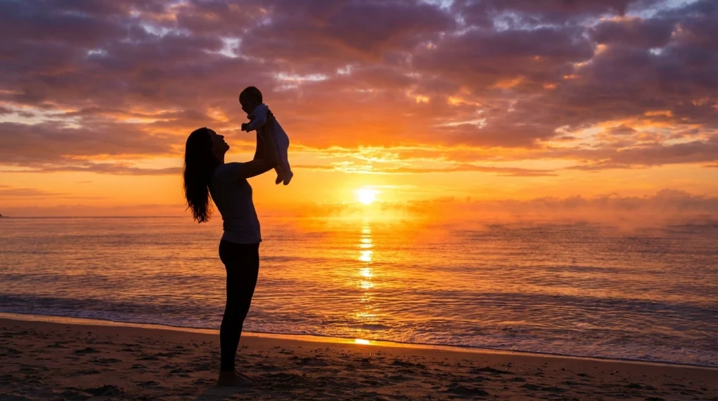 Sancılı sürecin bitişini ve aydınlığa çıkışı simgeleyen, doğan güneş ve bebek silüeti.
