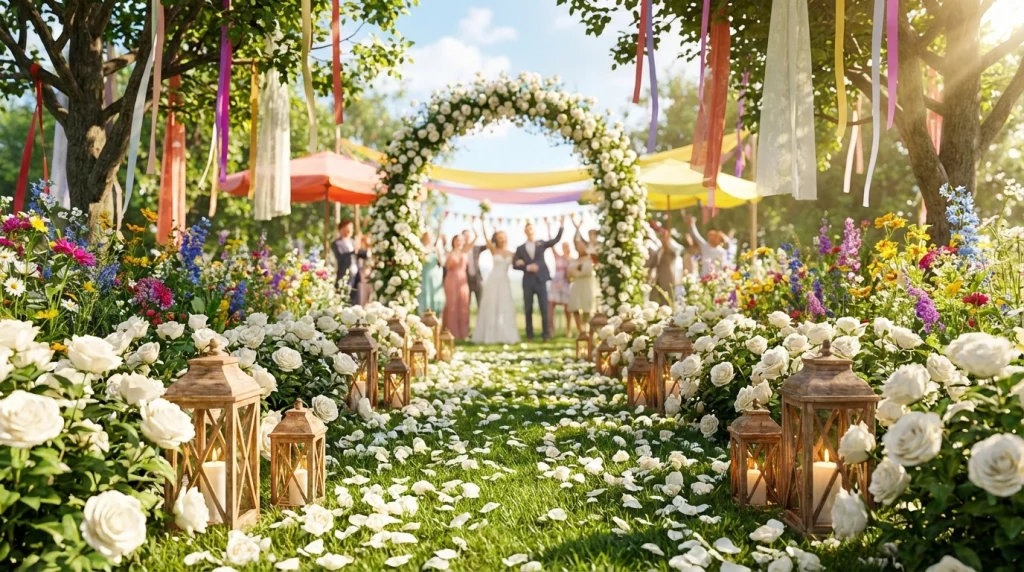 Aile içindeki neşeyi ve ferahlığı temsil eden, çiçeklerle süslenmiş bir düğün alanı.