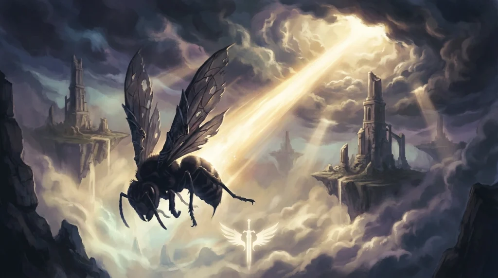 Rüyada korkutucu bir eşek arısını etkisiz hale getirerek engelleri aşmayı temsil eden sürreal çalışma.