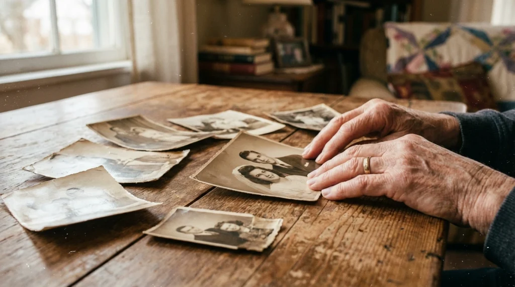 Masanın üzerine dağılmış eski aile fotoğrafları ve bir fincan kahve; geçmişe duyulan özlemi ve bilinçaltını temsil eder.