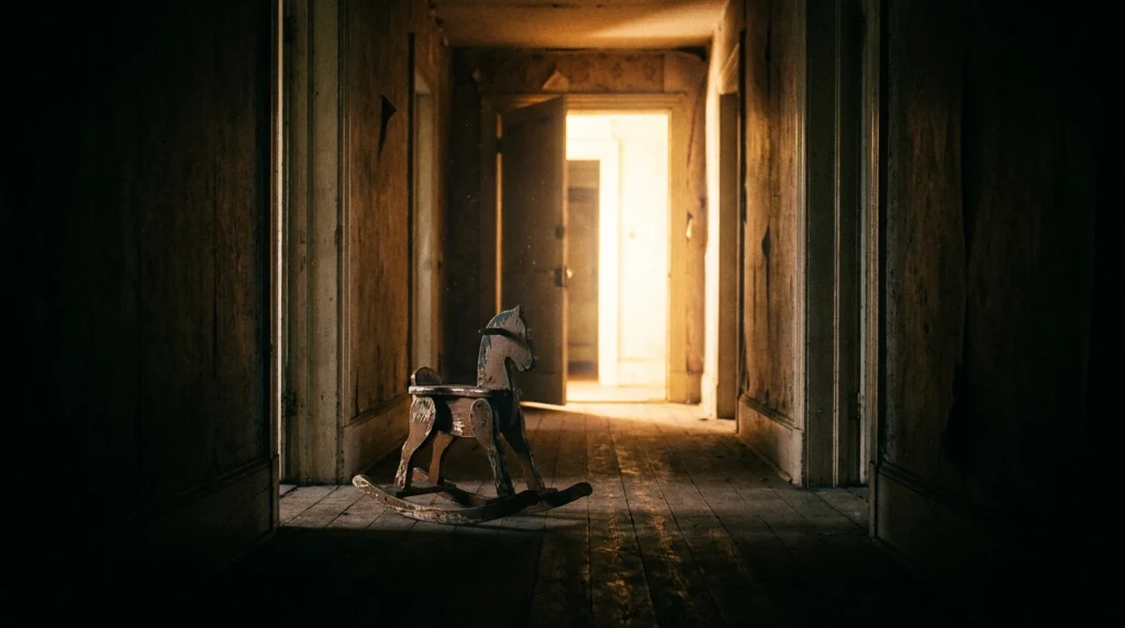 Çocukluğun geçtiği eski bir evin koridorunda duran oyuncaklar; geçmişe yolculuğu ve bilinçaltını simgeleyen sanatsal çekim.