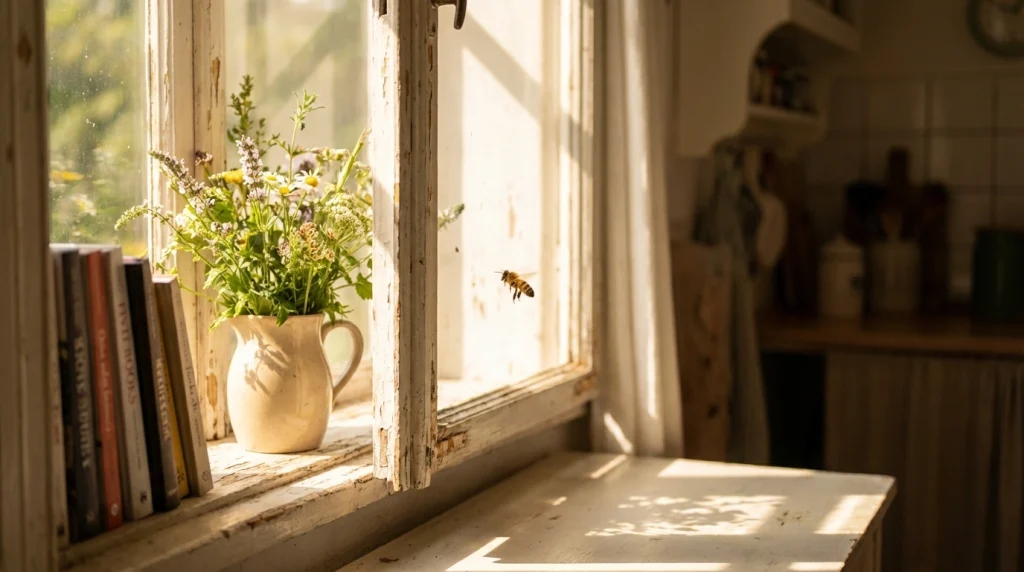 Bir evin penceresinde duran arı; hane içindeki rızkın ve huzurun korunması gerektiğine dair uyarıcı simge.