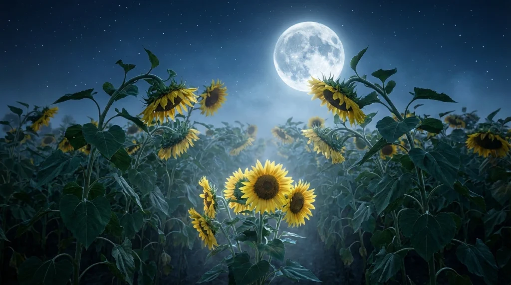 Gece vakti ay ışığı altında birbirine dönmüş ayçiçeklerinin simgelediği derin sadakat ve dostluk.