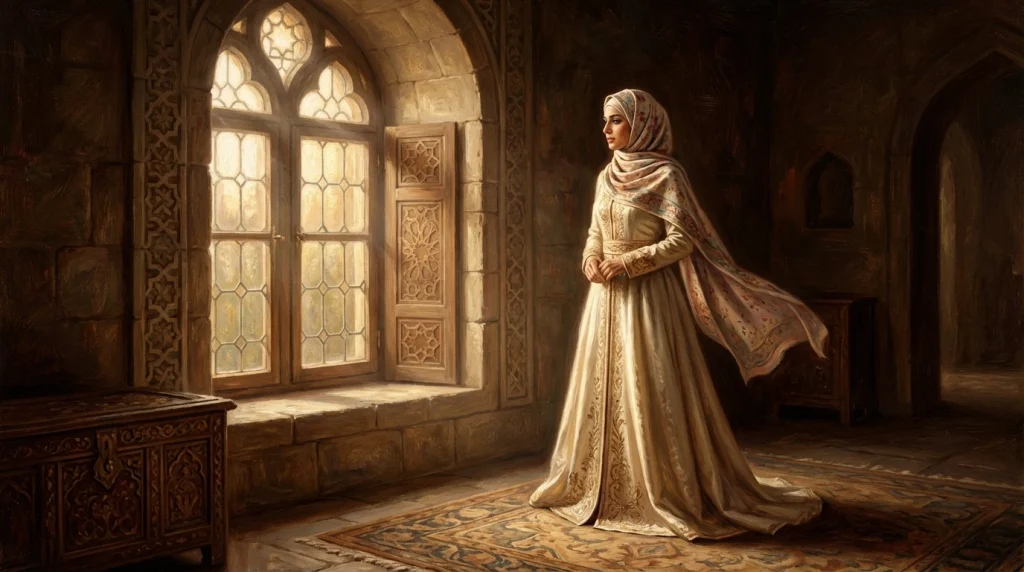 İslami rüya tabirlerine uygun, huzur dolu ve vakur bir gelinlik silüeti.