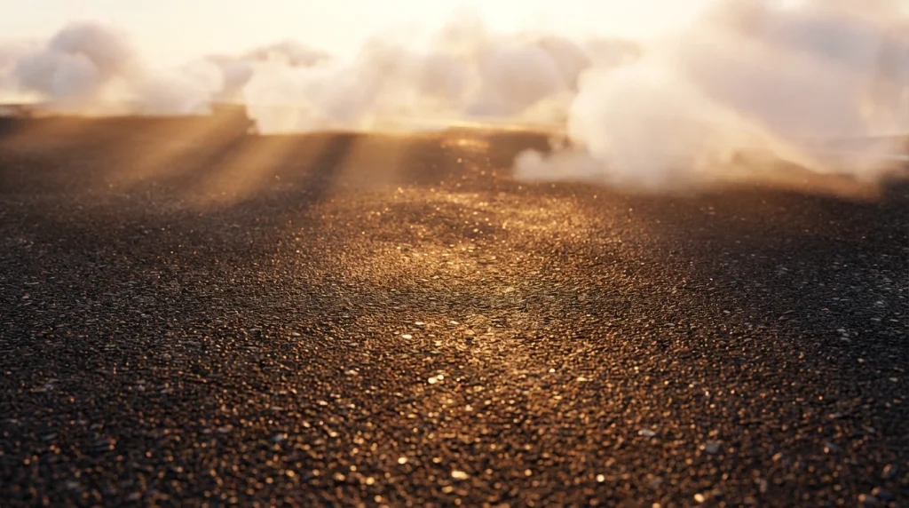 İslami rüya tabirlerine göre rızık bolluğu ve doğru yolda olmayı simgeleyen, üzerine vuran güneş ışığıyla parlayan altın sarısı tonlarında asfalt yol.