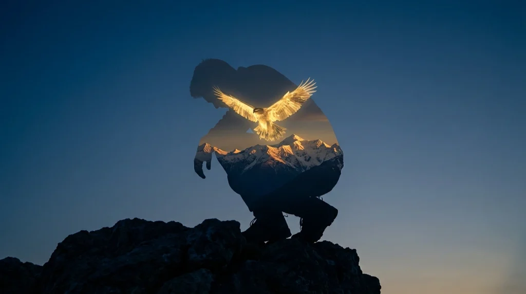 Bir vadinin dibinde diz çökmüş bir insanın, gökyüzündeki devasa ve görkemli bir silüetine bakışı.