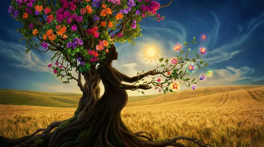 Rüyada hamileliğin simgelediği bolluk, bereket ve yeni başlangıçları anlatan doğa temalı görsel.