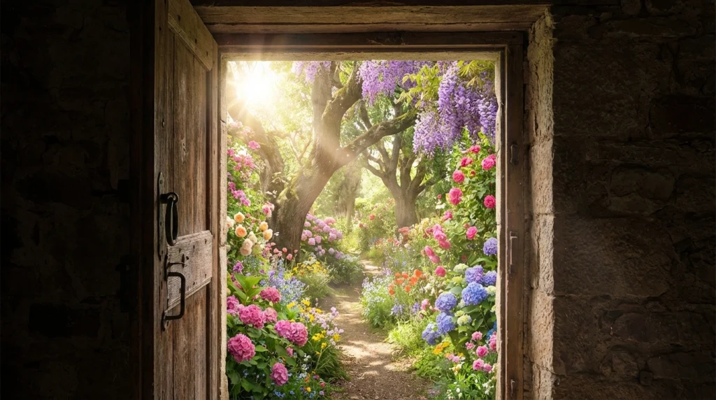 Karanlık bir odadan muazzam güzellikteki çiçekli bir bahçeye açılan kapı.