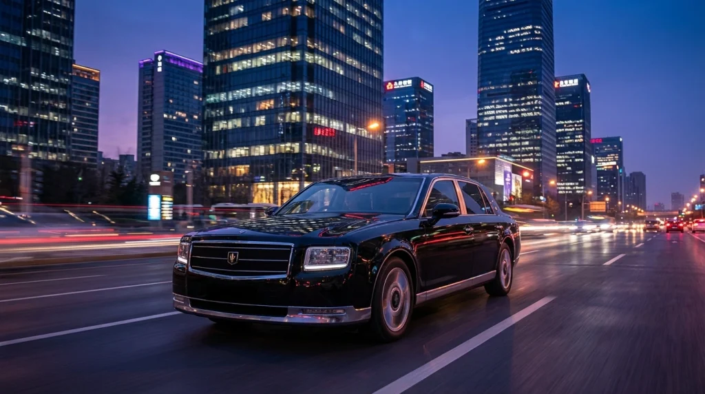 Rüyada siyah lüks araba sürerek toplumda statü ve itibar kazanmayı simgeleyen, şehir temalı karizmatik görsel.