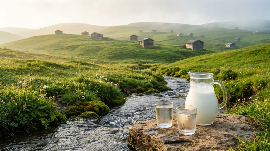 Yeşil bir doğa manzarasında, bir pınar başında duran serinletici ayran sürahisi ve bardakları.