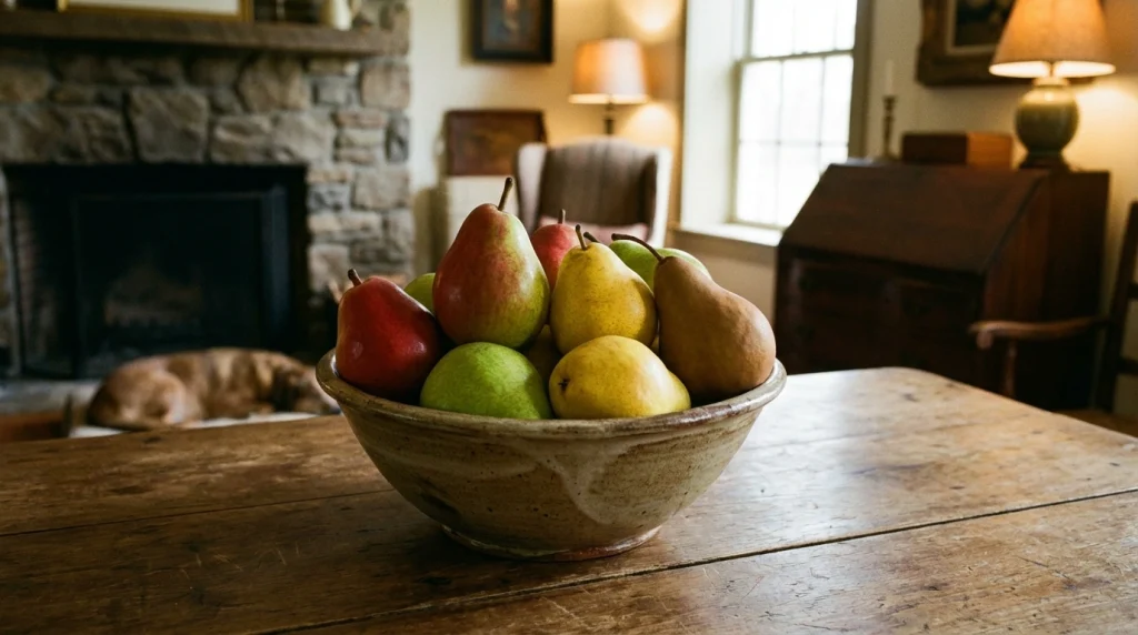 Bir tabak dolusu taze armut; hane içindeki rızkı ve aile huzurunu temsil eder.