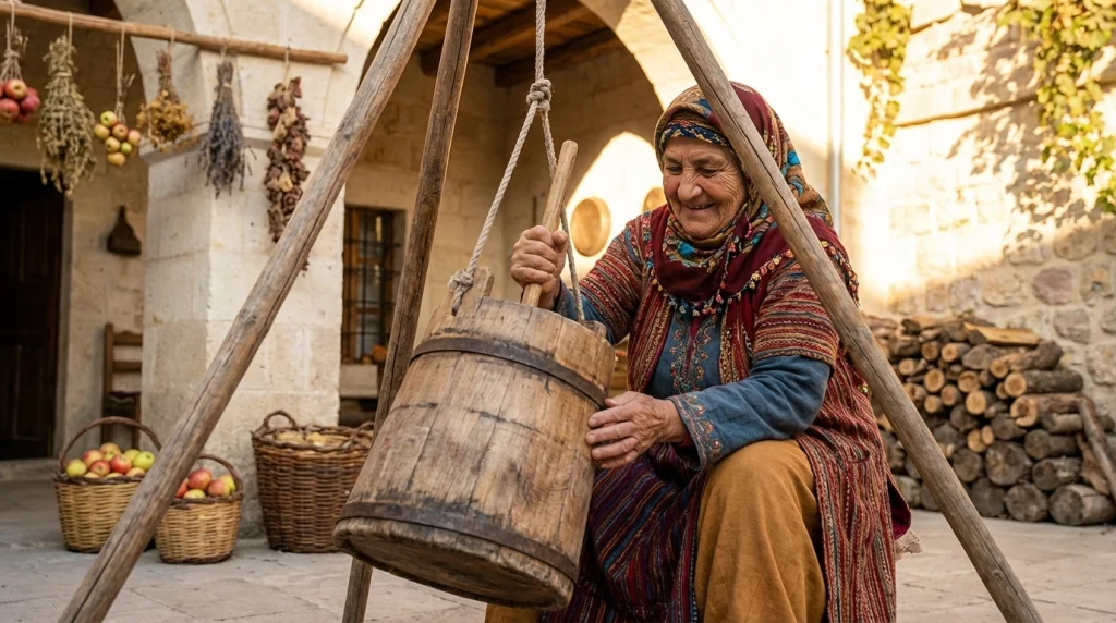 Rüyada geleneksel ahşap yayıkta ayran çalkalayan, emek ve bereket sembolü olan bir sahne.