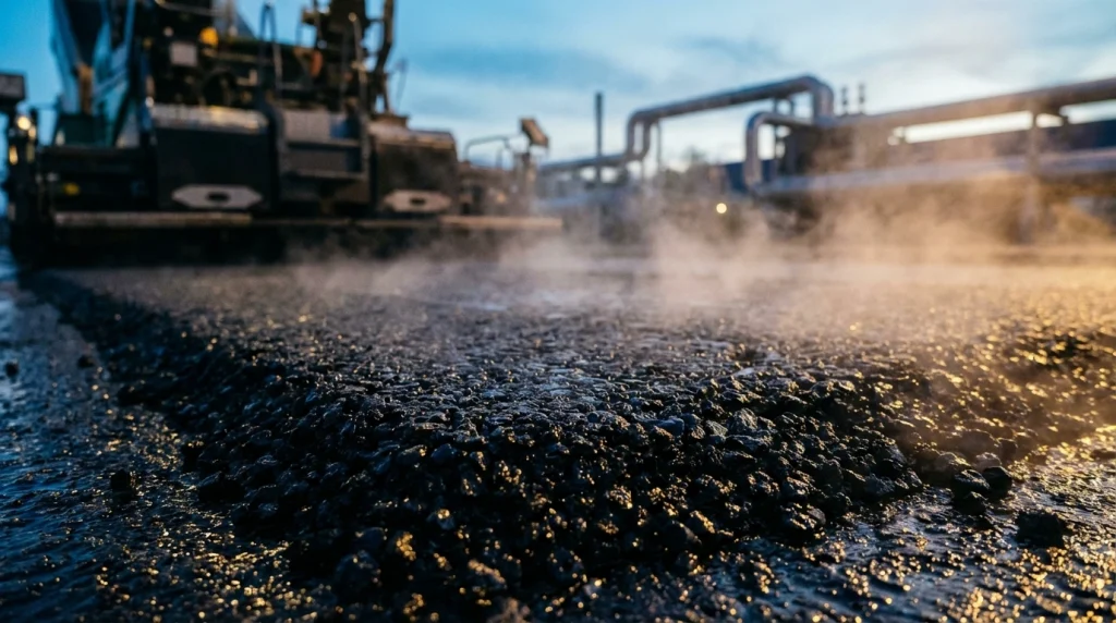 Hayatınızdaki yepyeni ve karlı başlangıçları müjdeleyen, henüz dökülmüş, simsiyah ve dumanı tüten taze asfaltın rüya atmosferindeki görüntüsü.