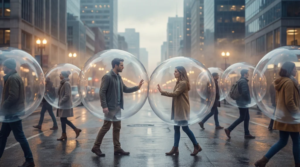 Toplumdaki güven kaybını ve bireylerin sadece kendi dar çevrelerine sıkışmasını simgeleyen metaforik görsel.