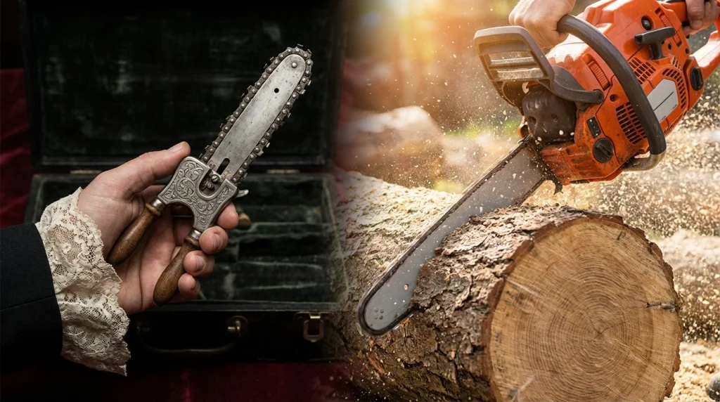 Bir yanda küçük cerrahi el testeresi, diğer yanda modern motorlu testerenin birleştiği kavramsal tasarım.