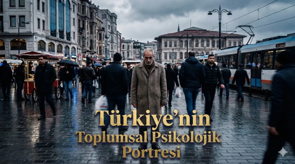 Kalabalık bir şehir meydanında melankolik ve düşünceli bir figürün toplumsal mutsuzluğu simgeleyen görünümü.
